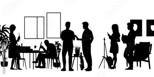 Visitors sketching in a historic art studio during an art tour stop, Illustration