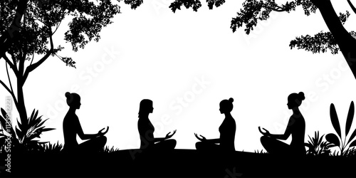 Visitors practicing breathing exercises at a nature retreat designed for mental and physical wellness, Illustration