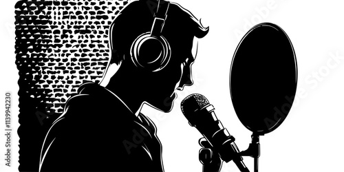 Vocalist performing into a microphone with headphones in a sound booth, Illustration