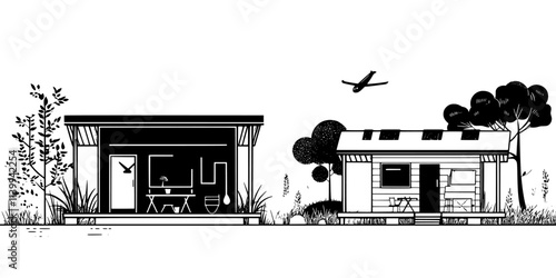 Visitors staying in eco-friendly cabins while attending workshops on sustainable living practices, Illustration