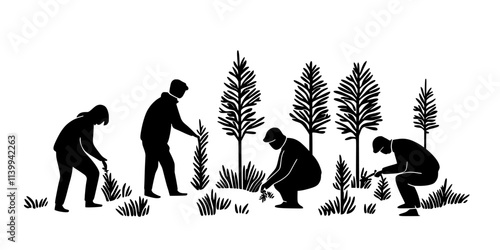 Volunteers planting trees in a reforestation area during a conservation project, Illustration