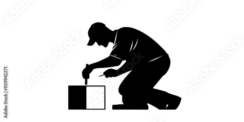 Woodworker chiseling a wooden block to form a human-shaped statue, Illustration