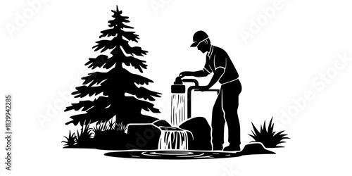 Worker installing an underground pump for a garden waterfall feature, Illustration