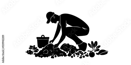 Worker creating organic garden soil by mixing compost and natural amendments, Illustration