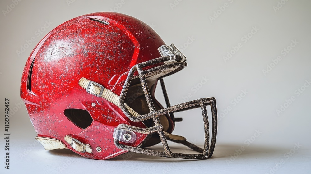 Fototapeta premium Red football helmet, dirty, dusty, side view.