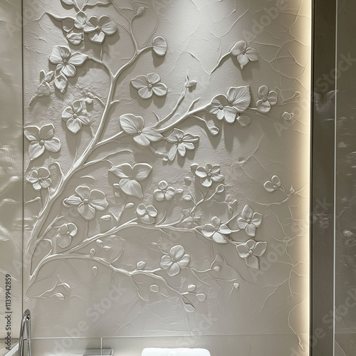 A spainspired bathroom is given a touch of opulence with embossed leather wall panels in a pearlized white shade featuring a delicate floral design for a serene and stylish look.  photo