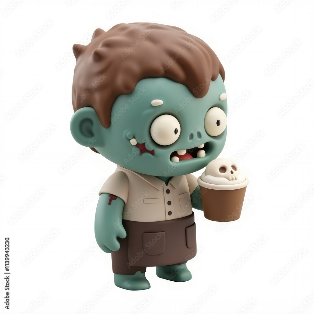 Barista zombie holding cup of coffee with skull froth latte art, 3D cartoon toy figurine in isometric view - isolated on white background Barista zombie holding cup of coffee with skull froth latte art, 3D cartoon toy figurine in isometric view - isolated on white background