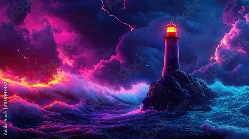 Luminous Lighthouse Stands Firm Amidst a Stormy Sea
