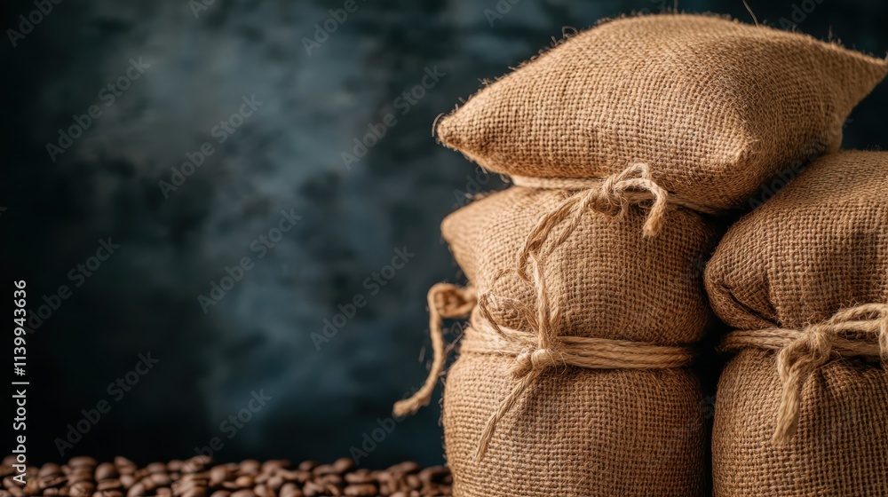 Three burlap sacks are tightly packed with coffee beans, resting on a wooden table, against a softly lit background suggesting warm and inviting atmosphere. Three burlap sacks are tightly packed with coffee beans, resting on a wooden table, against a softly lit background suggesting warm and inviting atmosphere.