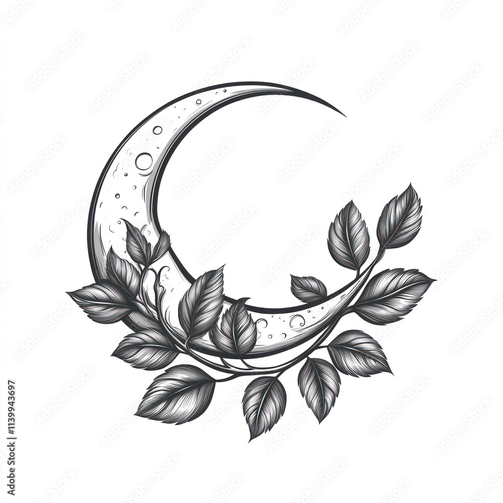 Crescent moon with detailed leaves illustration. Crescent moon with detailed leaves illustration.
