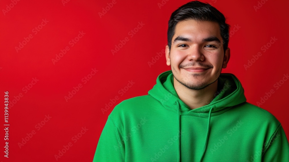 Happy young Native American man in bright green hoodie standing against solid red background Happy young Native American man in bright green hoodie standing against solid red background