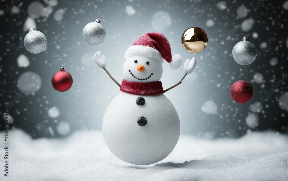 Christmas cheer - Funny snowman juggling ornaments in snowy winter landscape Christmas cheer - Funny snowman juggling ornaments in snowy winter landscape