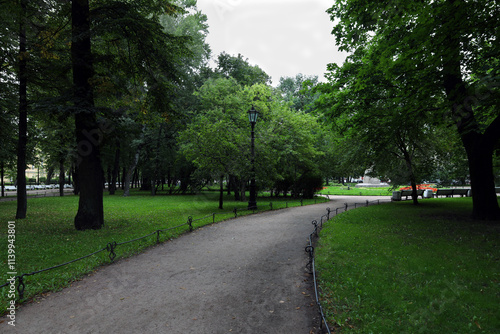 a walking path in a summer park and a lantern among the trees