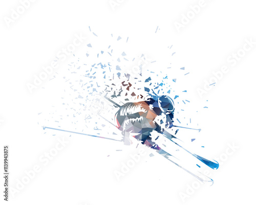 Downhill skier, slalom. Top view. Isolated low poly vector illustration. Winter sport, alpine skiing