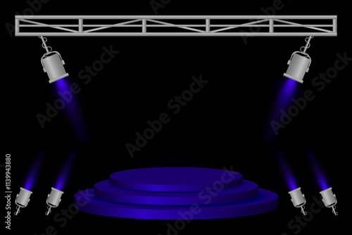 Stage spotlight. Blue podium, spotlights, lighting beams, metal frame, dark background, event preparation, performance platform, stage design, concert setup, theater illumination, presentation area