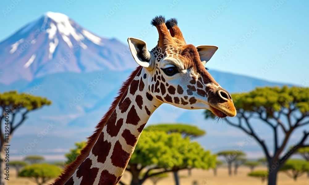 Fototapeta premium Giraffe close up portrait Mount Kilimanjaro in background