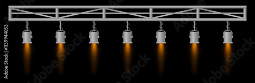 Stage lighting set. Orange spotlights, metal frame, event lighting, hanging lamps, focused beams, dark background, performance setup, stage design, concert equipment, theater illumination