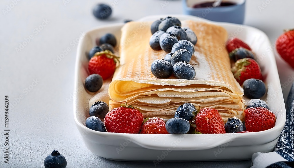 Crepe cake with berries and blueberries in a white dish Crepe cake with berries and blueberries in a white dish