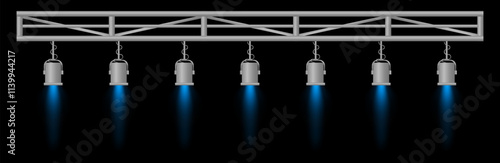 Stage lighting set. Blue spotlights, metal frame, event lighting, hanging lamps, focused beams, dark background, performance setup, stage design, concert equipment, theater illumination