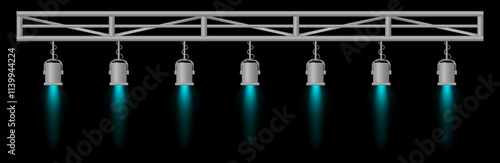 Stage lighting set. Blue spotlights, metal frame, event lighting, hanging lamps, focused beams, dark background, performance setup, stage design, concert equipment, theater illumination