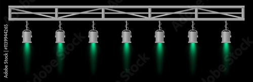 Stage lighting set. Green spotlights, metal frame, event lighting, hanging lamps, focused beams, dark background, performance setup, stage design, concert equipment, theater illumination