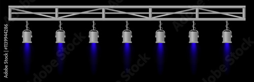 Stage lighting set. Blue spotlights, metal frame, event lighting, hanging lamps, focused beams, dark background, performance setup, stage design, concert equipment, theater illumination
