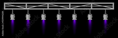 Stage lighting set. Purple spotlights, metal frame, event lighting, hanging lamps, focused beams, dark background, performance setup, stage design, concert equipment, theater illumination
