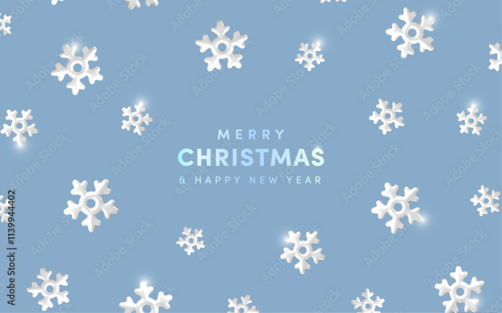 Merry Christmas and Happy New Year grey background. Vector 3d white glossy snowflakes greeting concept. Falling snow on cold gradient background. Trendy 3d Xmas illustration, wallpaper, decor, banner Merry Christmas and Happy New Year grey background. Vector 3d white glossy snowflakes greeting concept. Falling snow on cold gradient background. Trendy 3d Xmas illustration, wallpaper, decor, banner