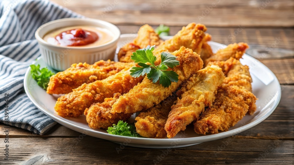 Crispy breaded chicken tenders with sauce on a plate, low angle view, chicken tenders, crispy, breaded, sauce, fried Crispy breaded chicken tenders with sauce on a plate, low angle view, chicken tenders, crispy, breaded, sauce, fried