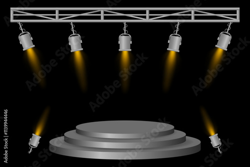 Stage podium set. Gray platform, Yellow spotlights, metal frame, hanging lamps, event lighting, dark background, presentation area, performance setup, theater design, concert preparation