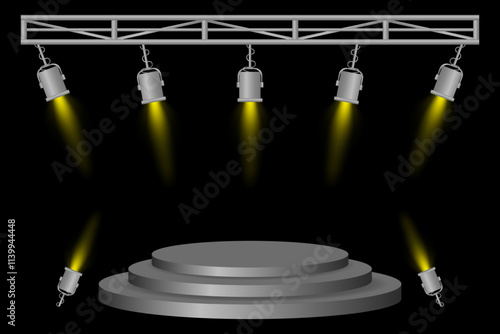 Stage podium set. Gray platform, Yellow spotlights, metal frame, hanging lamps, event lighting, dark background, presentation area, performance setup, theater design, concert preparation