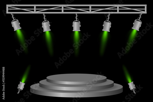 Stage podium set. Gray platform, green spotlights, metal frame, hanging lamps, event lighting, dark background, presentation area, performance setup, theater design, concert preparation