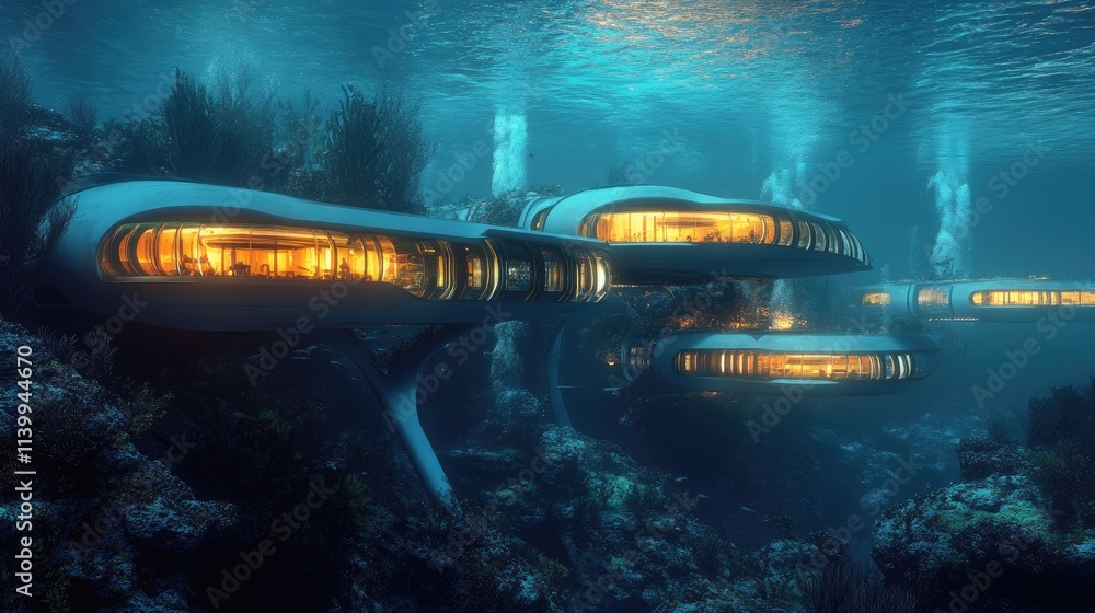 Underwater Futuristic Homes Nestled Amongst Ocean Flora Underwater Futuristic Homes Nestled Amongst Ocean Flora