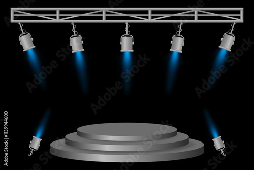 Stage podium set. Gray platform, blue spotlights, metal frame, hanging lamps, event lighting, dark background, presentation area, performance setup, theater design, concert preparation