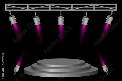 Stage podium set. Gray platform, purple spotlights, metal frame, hanging lamps, event lighting, dark background, presentation area, performance setup, theater design, concert preparation