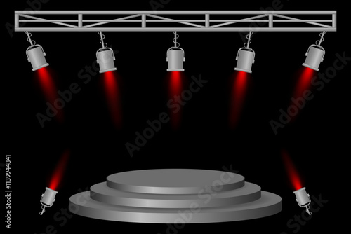 Stage podium set. Gray platform, red spotlights, metal frame, hanging lamps, event lighting, dark background, presentation area, performance setup, theater design, concert preparation