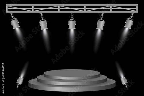 Stage podium set. Gray platform, white spotlights, metal frame, hanging lamps, event lighting, dark background, presentation area, performance setup, theater design, concert preparation