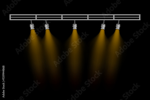 Stage lighting set. Five orange spotlights, hanging lamps, metal frame, focused beams, dark background, theater lighting, event illumination, performance setup, concert design, visual presentation