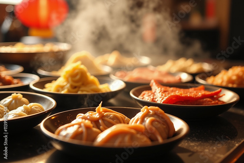 Delightful Asian Cuisine Display: Steaming Dim Sum and Dumplings in Black Bowls, Perfect for Restaurant Menus and Food Blogs photo