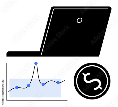 Laptop financial graph with nodes dollar symbol. Ideal for business, finance, technology, analytics, investment, growth, strategy themes. Line metaphor