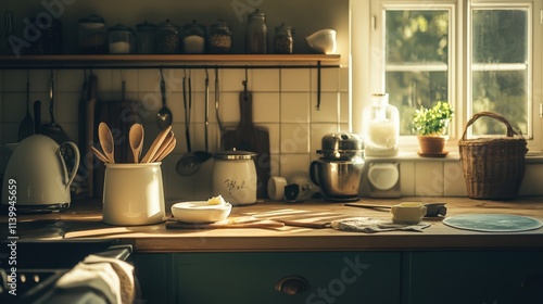 Sunlit Kitchen Countertop with Baking Ingredients and Utensils photo