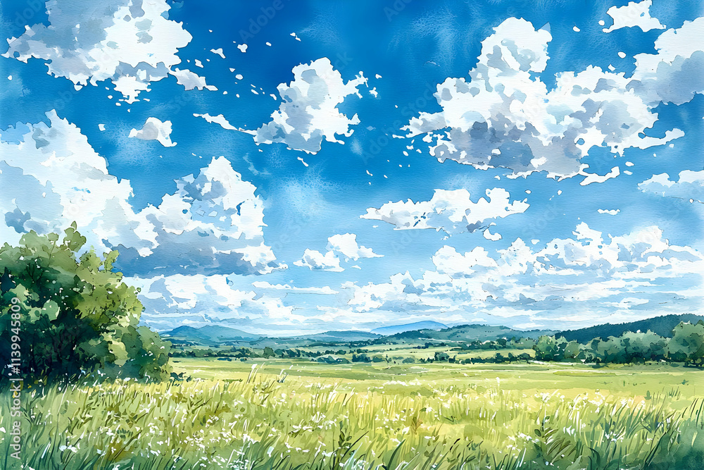 Summer Meadow: Blue Sky, Green Fields, Fluffy Clouds Summer Meadow: Blue Sky, Green Fields, Fluffy Clouds