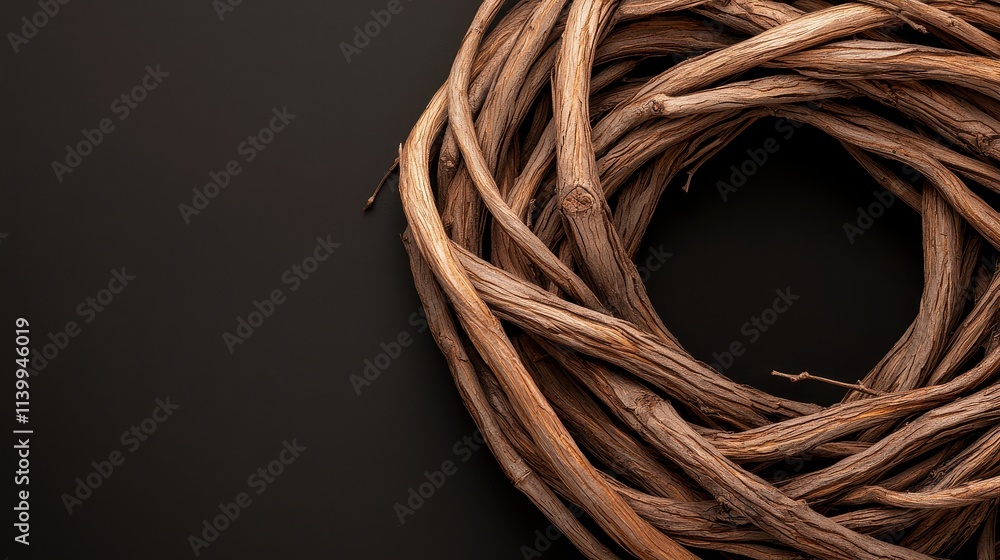 Drying Tree Symbolic Concept, Twisted Dry Tree Branches Intertwined in a Circular Shape on a Dark Background Drying Tree Symbolic Concept, Twisted Dry Tree Branches Intertwined in a Circular Shape on a Dark Background