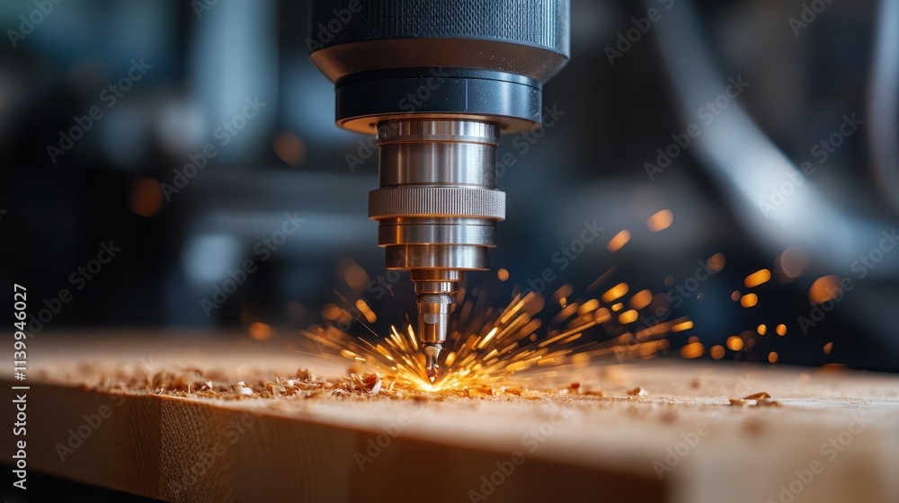 A high-speed woodworking drill creates sparks as it churns through wood in a workshop. The image captures the intense focus and creativity involved in modern craftsmanship. A high-speed woodworking drill creates sparks as it churns through wood in a workshop. The image captures the intense focus and creativity involved in modern craftsmanship.