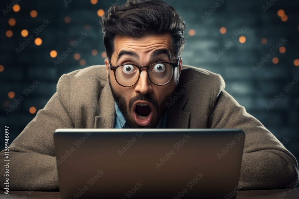 Shocked businessman looking with disbelief at laptop screen with mouth open and eyes wide Shocked businessman looking with disbelief at laptop screen with mouth open and eyes wide
