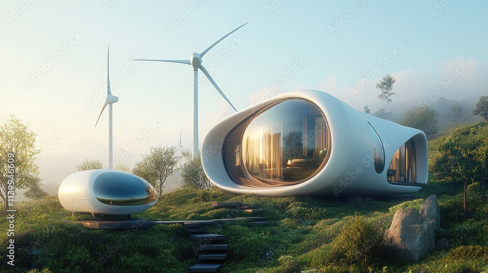 Fototapeta premium Futuristic Eco Home Design With Wind Turbines