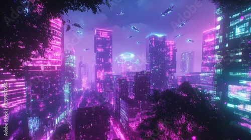 Futuristic Cityscape Illuminated By Neon Lights And Flying Vehicles photo