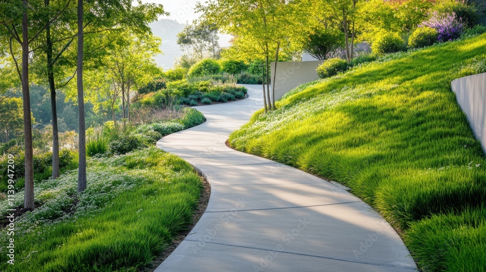 Elegant concrete path cutting through vibrant green hills with subtle garden accents. Elegant concrete path cutting through vibrant green hills with subtle garden accents.