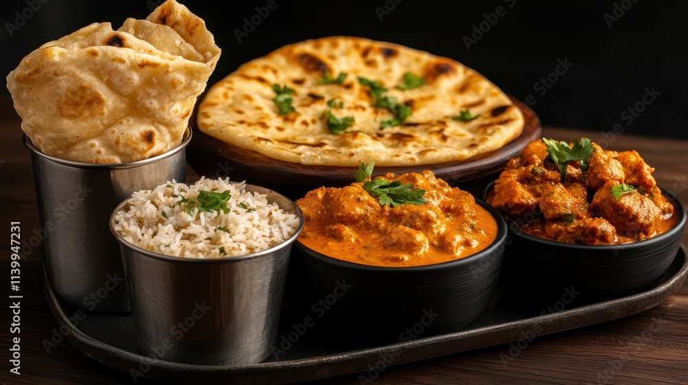 A traditional Indian meal featuring rich curry, aromatic rice, and freshly made bread, inviting a sensory feast with vibrant colors and flavors. A traditional Indian meal featuring rich curry, aromatic rice, and freshly made bread, inviting a sensory feast with vibrant colors and flavors.