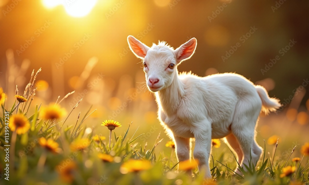 Fototapeta premium Baby goat golden sunset meadow wildflowers soft focus